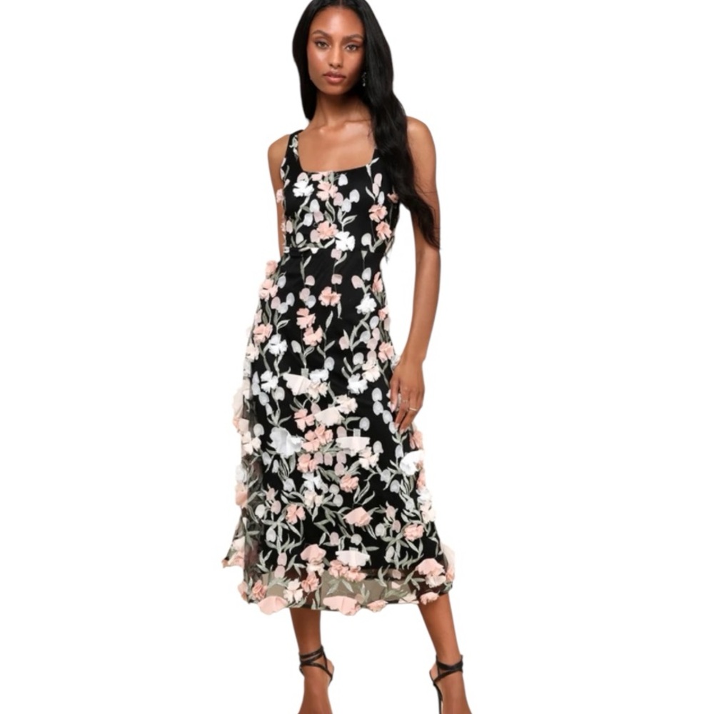 Lulu's Black Midi Dress with Pink & White Floral Embroidery
